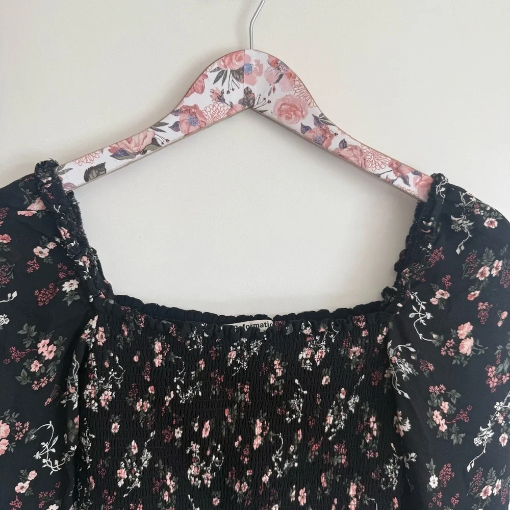 REFORMATION Jolene Smocked Long Sleeve Floral Top Pinto Black Floral XS